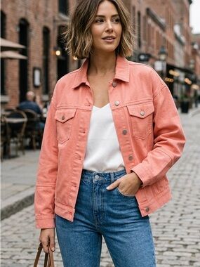 Who What Wear Coral Pink Denim Jacket Large Button-Down Front Long Sleeve
